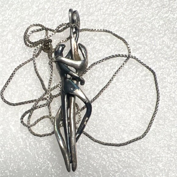 Silver Couple Pendant Necklace 18" Chain Yin Yang Dance Abstract Modernist Vtg - Picture 1 of 10